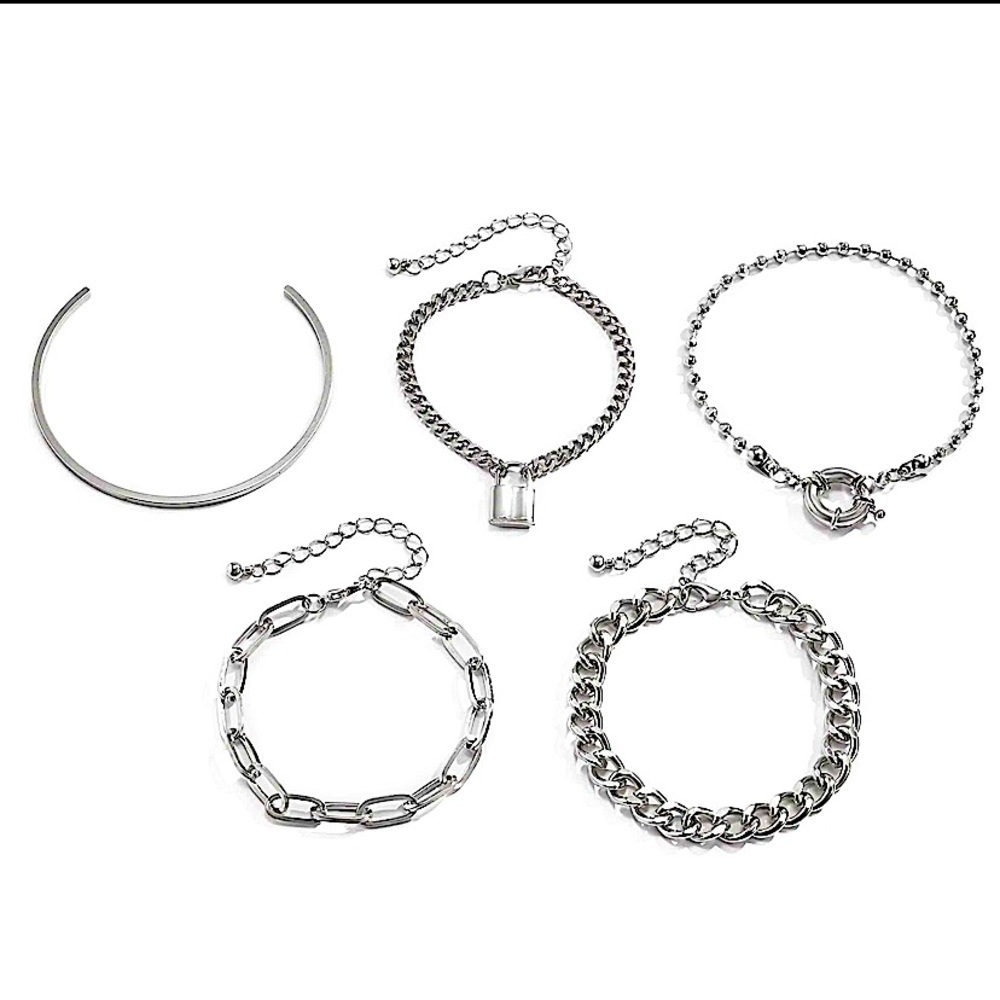 Beautiful Feminine Silver tone Five Stack Piece Charm Chain Arm Bracelet Set. - Picture 2 of 2
